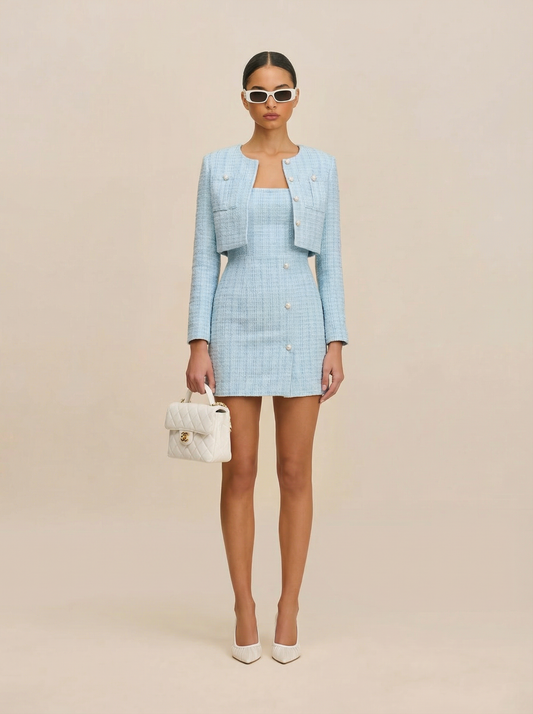 Graceful Tweed Cropped Jacket - Blue